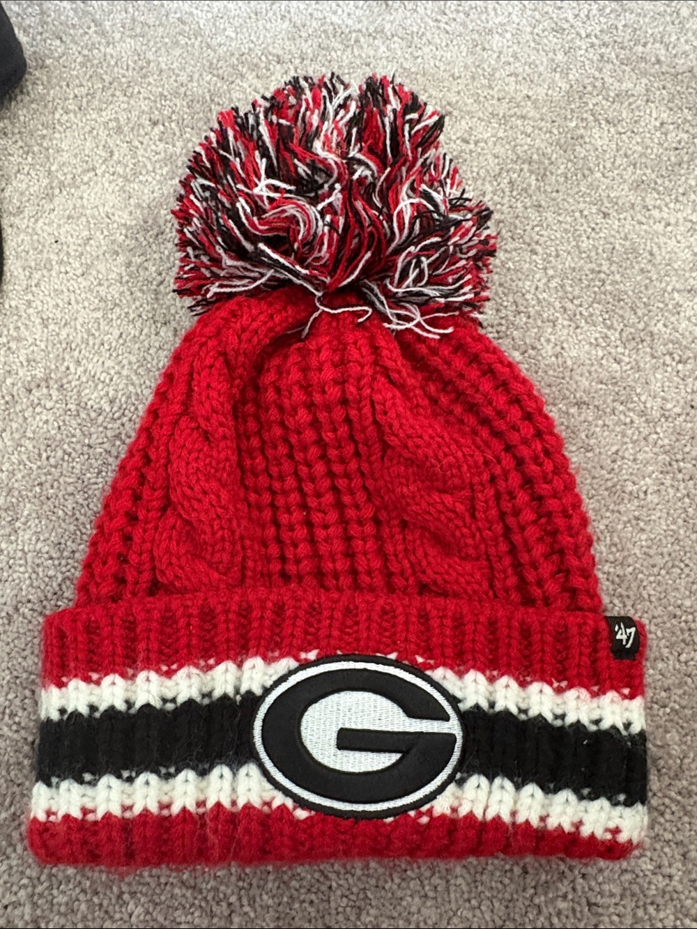 47 Georgia Red Cable Knit Pom Beanie with G Patch